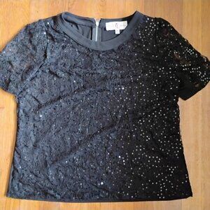Countess Luann Black Sequin Zipper Back Blouse - Size M